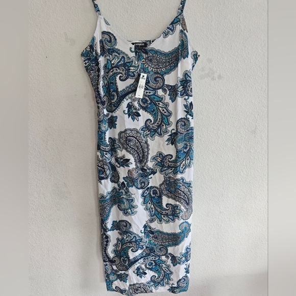 $70 Express Paisley BabyDoll Dress Women Sz S Blue White Sleeveless Coastal - Picture 4 of 14
